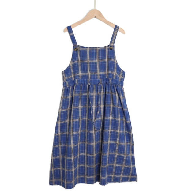 Summer Spaghetti Strap Plaid Dress High Waist Sleeveless Long Women Dress Casual Loose Kawaii Dresses Lolita Sundress