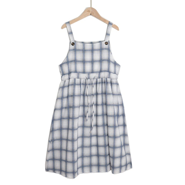 Summer Spaghetti Strap Plaid Dress High Waist Sleeveless Long Women Dress Casual Loose Kawaii Dresses Lolita Sundress