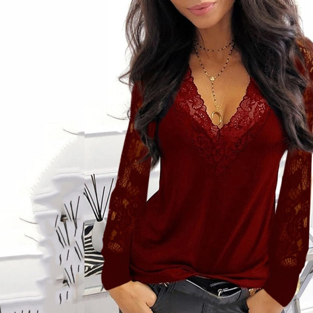 Casual V-neck Lace Long Sleeve T-shirt for Women Spring Winter Clothes Y2K Sexy Solid Color Black Tee Shirt Office Lady Top