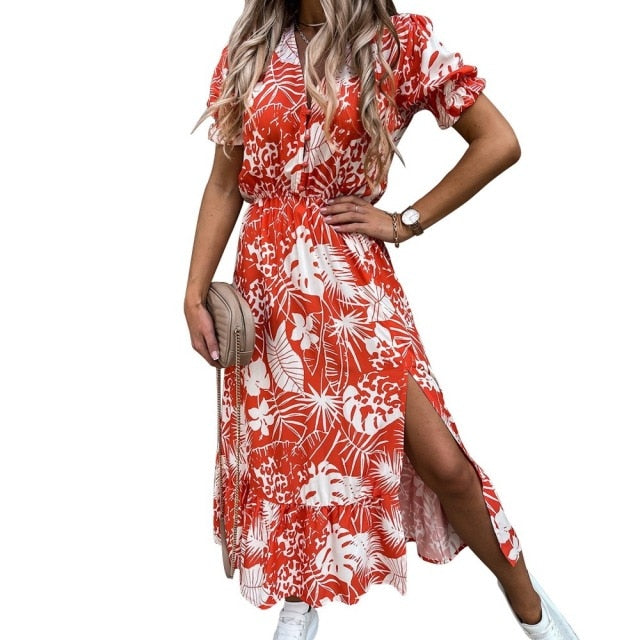 Womens Long Dress Summer V-neck Boho Belted Maxi Dress Casual Sexy Party Dress Ladies Bohemian Beach Holiday Sundress Vestido