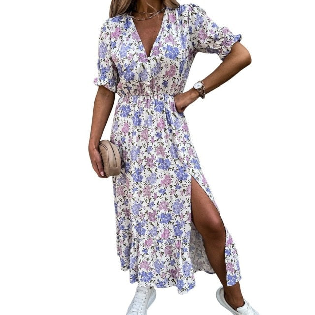 Womens Long Dress Summer V-neck Boho Belted Maxi Dress Casual Sexy Party Dress Ladies Bohemian Beach Holiday Sundress Vestido