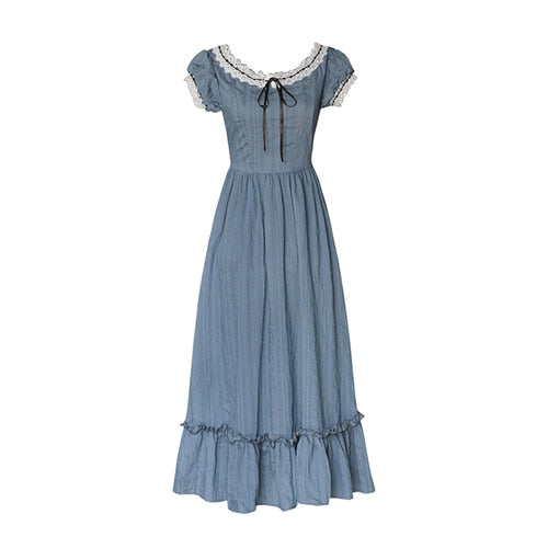 Women Pink Dress Summer Vintage Elegant Slim European Romance Blue Dress Retro Lace Sexy Slash Neck Casual Everyday Midi Dress