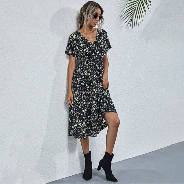 summer dress 2021 V neck short sleeve flower dresses for women casual elegant women bodycon dress 2021 spring flower print