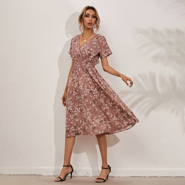 summer dress 2021 V neck short sleeve flower dresses for women casual elegant women bodycon dress 2021 spring flower print