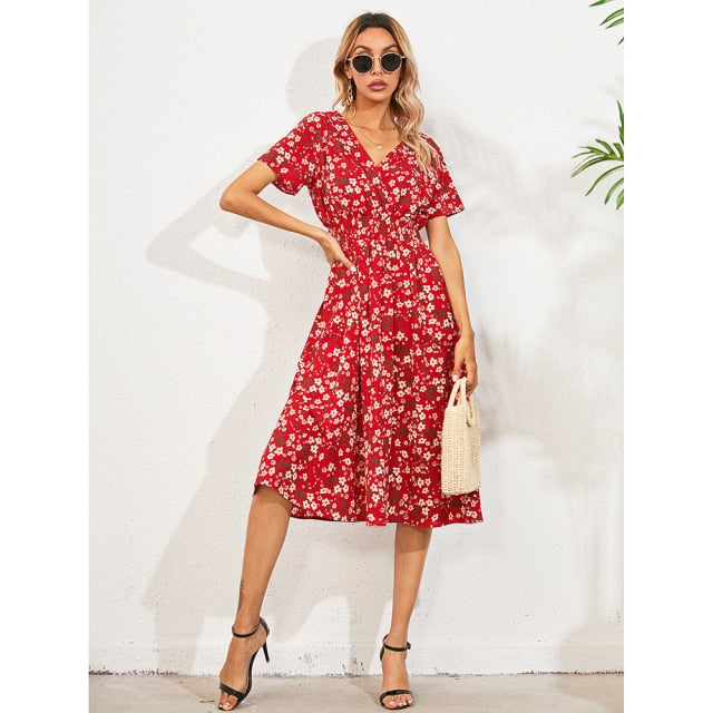 summer dress 2021 V neck short sleeve flower dresses for women casual elegant women bodycon dress 2021 spring flower print