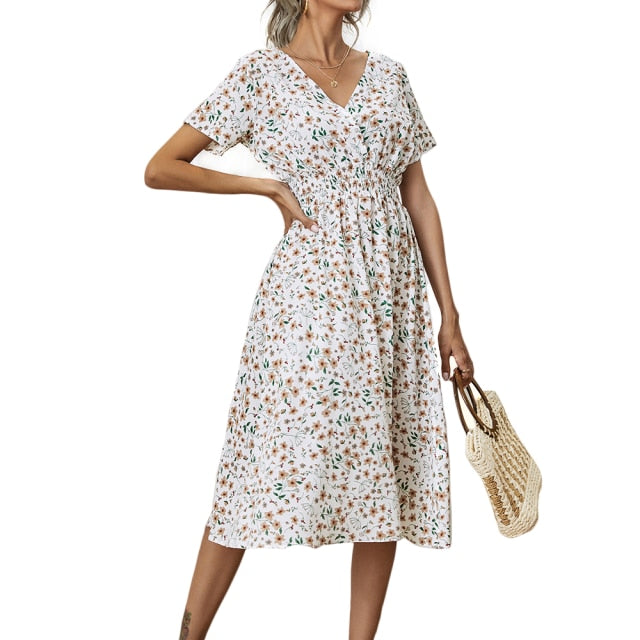 summer dress 2021 V neck short sleeve flower dresses for women casual elegant women bodycon dress 2021 spring flower print