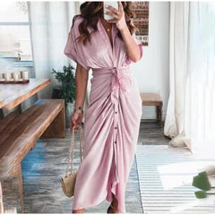 Women Summer Elegant Button Ruched Bandage Shirt Dress Fashion Casual Short Sleeve Solid V Neck Beach Maxi Dress