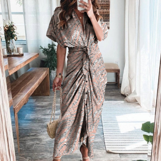 Women Summer Elegant Button Ruched Bandage Shirt Dress Fashion Casual Short Sleeve Solid V Neck Beach Maxi Dress