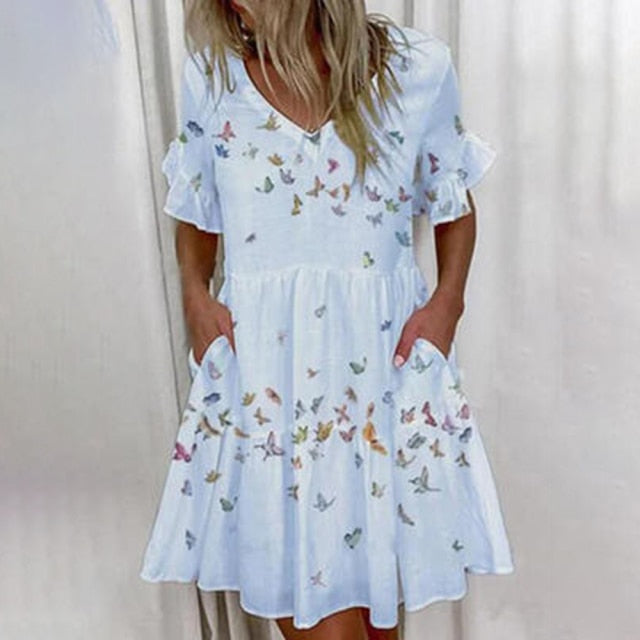 Casual Ruffles Loose V-Neck Dress Women Summer Short Sleeve Floral Print Woman Dress Plus Size 2021 Fashion White Beach Dresses