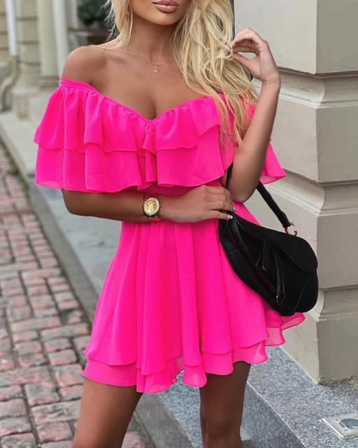 Elegant Off Shoulder Ruffle Fit Flare Dress Women Solid Casual Dress Summer Dress Mini Elegant Dress