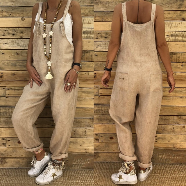 Women Casual Jumpsuits Vintage Solid Rompers Lace Up Strappy Loose Wide Leg Dungarees Bib Overalls Female Playsuits