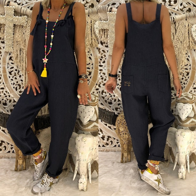 Women Casual Jumpsuits Vintage Solid Rompers Lace Up Strappy Loose Wide Leg Dungarees Bib Overalls Female Playsuits