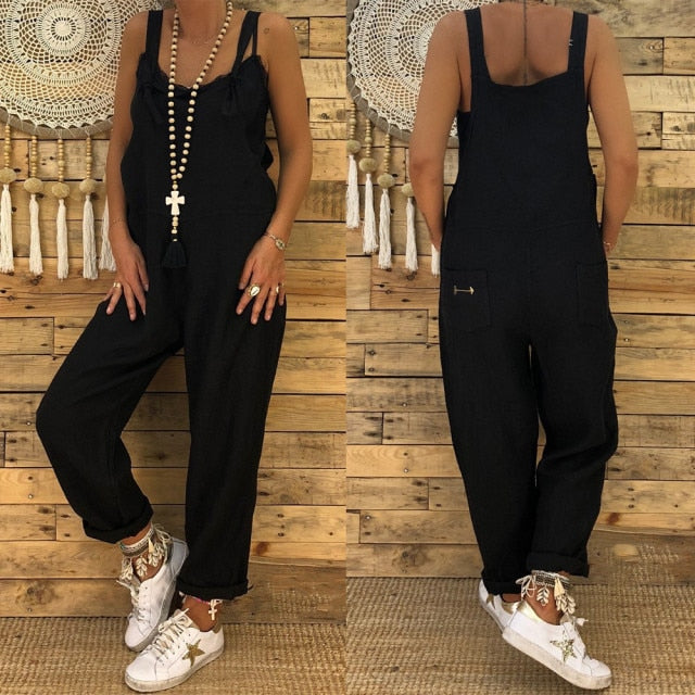 Women Casual Jumpsuits Vintage Solid Rompers Lace Up Strappy Loose Wide Leg Dungarees Bib Overalls Female Playsuits