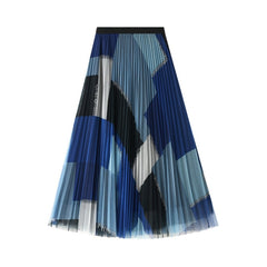 Korean Style 2021 Geometric Print Y2K Skirt VD1702 Women Purple Black Blue Long Midi Length Tulle Pleated Skirt