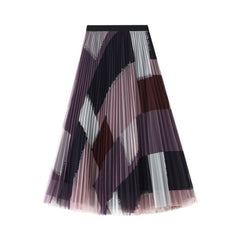 Korean Style 2021 Geometric Print Y2K Skirt VD1702 Women Purple Black Blue Long Midi Length Tulle Pleated Skirt