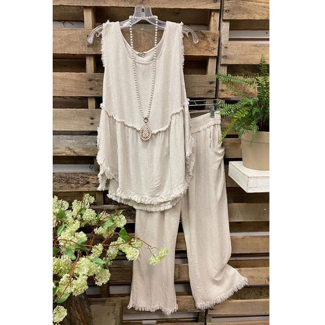 Summer Two Piece Set Ladies Fashion Casual Outfit Suit Women Sleeveless Tops Frayed Cotton Linen Vest + Wide Leg Pants Mujer Set