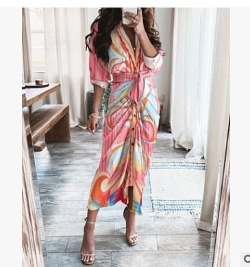 Womens Long Dress Summer V-neck Boho Belted Maxi Dress Casual Sexy Party Dress Ladies Bohemian Beach Holiday Sundress Vestido