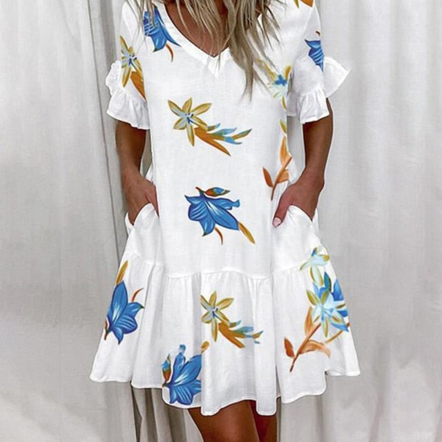 Casual Ruffles Loose V-Neck Dress Women Summer Short Sleeve Floral Print Woman Dress Plus Size 2021 Fashion White Beach Dresses