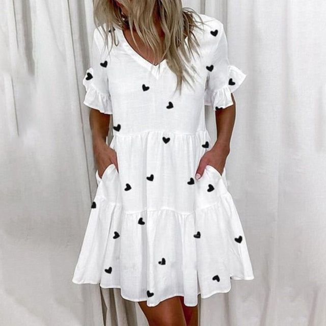 Casual Ruffles Loose V-Neck Dress Women Summer Short Sleeve Floral Print Woman Dress Plus Size 2021 Fashion White Beach Dresses