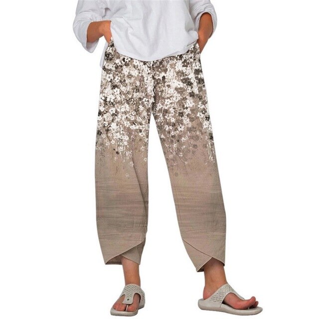 Vintage Printed Harem Pants Women Trousers Casual Elastic Waist Cotton Linen Wide Leg Pants Loose Pantalon Summer Plus Size Pant