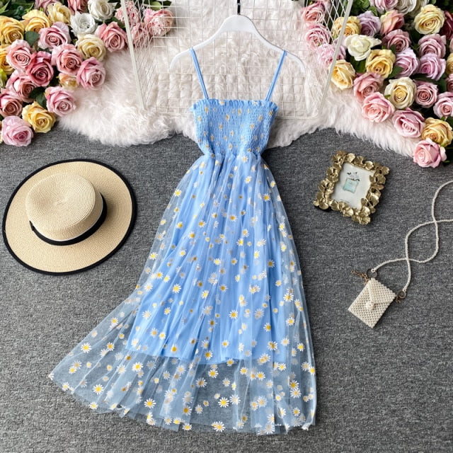 Slip Dress Long Mesh Floral Dress Women Vintage Elegant Sexy Beach Dresses Woman Party Night 2021 Korean Kawaii Ruffle Backless