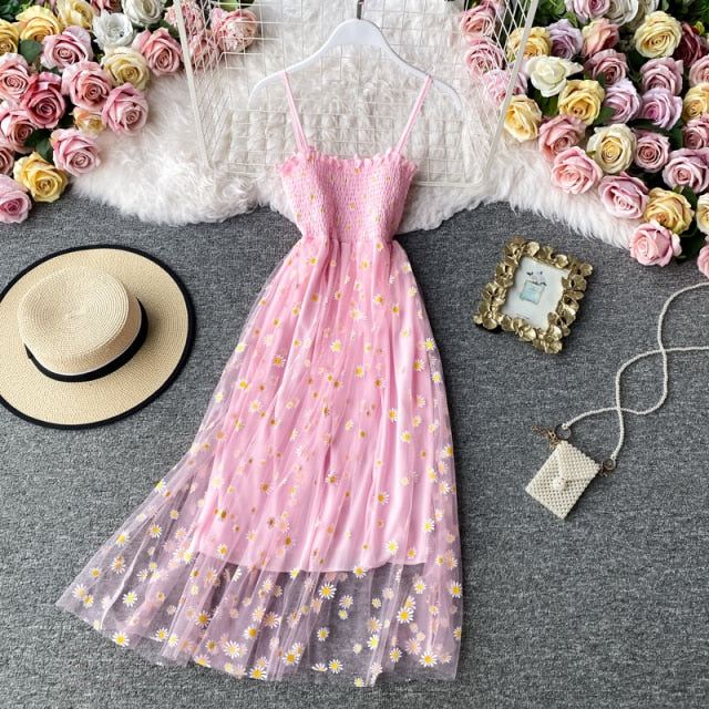 Slip Dress Long Mesh Floral Dress Women Vintage Elegant Sexy Beach Dresses Woman Party Night 2021 Korean Kawaii Ruffle Backless