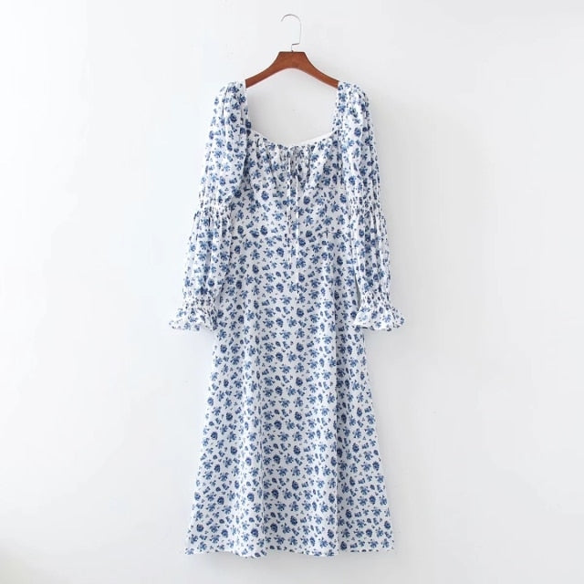 Lizakosht  Floral Print Summer Dress Women Boho Slit Maxi Long Dress Vintage Beach Dress Puff Sleeve A-line Blue Sundress