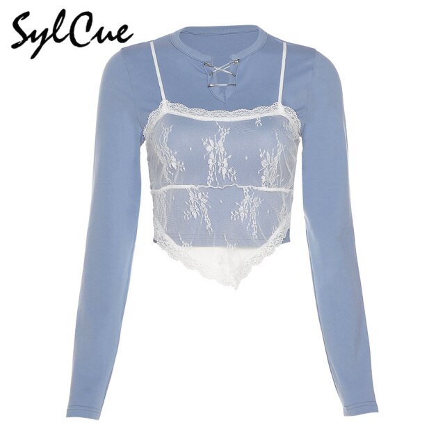 Sylcue Autumn new macaron blue long-sleeve T-shirt lace suspenders fake two-piece stretch slim soft crop top casual clothing