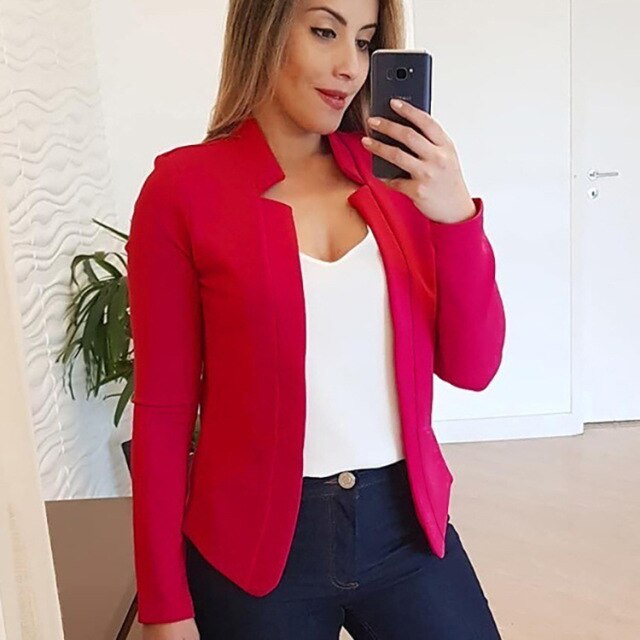 Women Small Suit Solid Color Casual Self-cultivation Temperament Commuter Professional Suit Collar Buttonless Cardigan Jacket