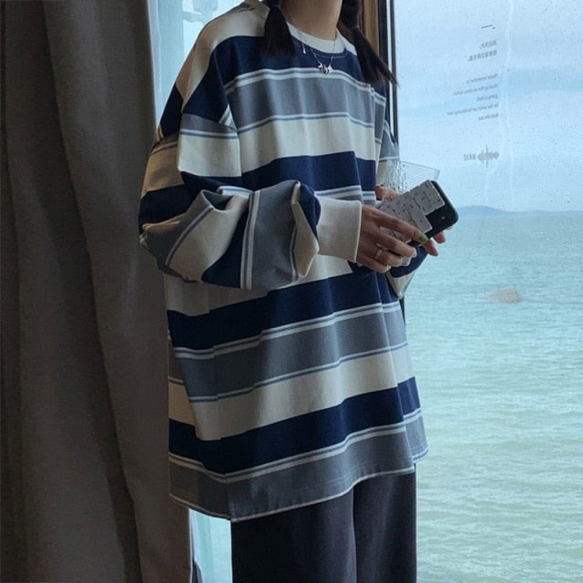 Lizakosht spring autumn Striped hoodies women fashion Long Sleeve Hoodie Sweatshirt Harajuku Jumper cotton Pullovers Casual oversized Coat