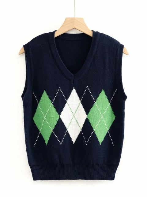 Knitted Vest Vangull Argyle Fashion  Women Casual Korean Pullover Elasticity Sweater Spring Autumn Sleeveless V-Neck Tank Tops