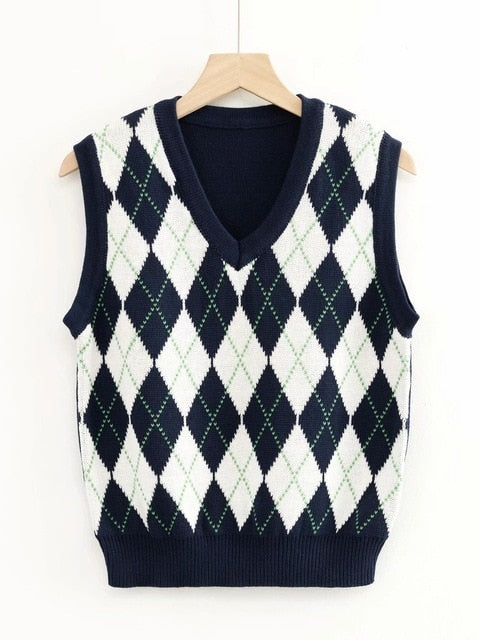 Knitted Vest Vangull Argyle Fashion  Women Casual Korean Pullover Elasticity Sweater Spring Autumn Sleeveless V-Neck Tank Tops