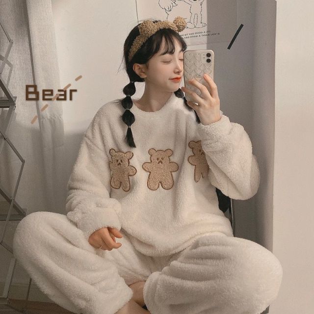 QWEEK Winter Pajamas Women Warm Sleepwear Velvet Trouser Suits Kawaii Clothes Loungewear Korea Style Peignoirs Home Kit