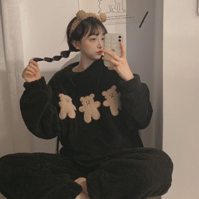 QWEEK Winter Pajamas Women Warm Sleepwear Velvet Trouser Suits Kawaii Clothes Loungewear Korea Style Peignoirs Home Kit