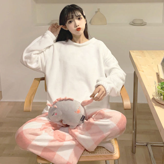 QWEEK Winter Pajamas Women Warm Sleepwear Velvet Trouser Suits Kawaii Clothes Loungewear Korea Style Peignoirs Home Kit