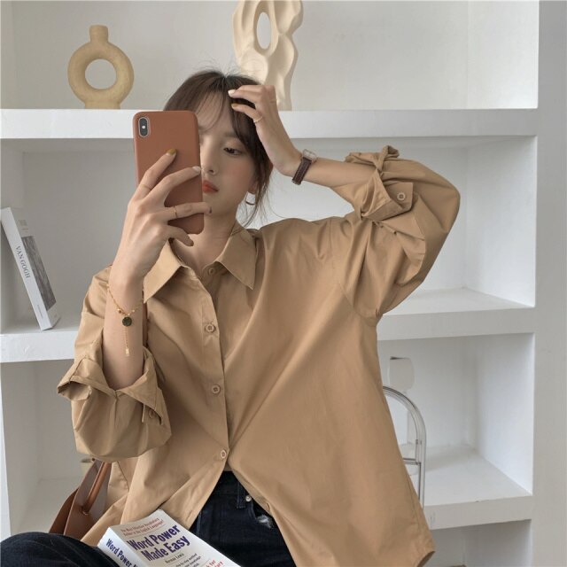 Retro Casual Loose Solid All-match Blouse Shirt Tops Blusas Spring Summer Korea Fashion Chiffon Long Sleeve Shirt Blouse Women