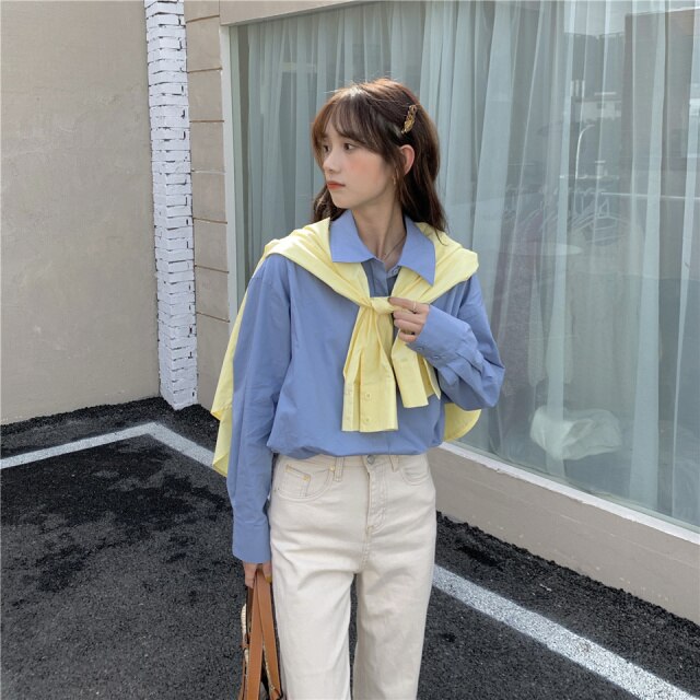 Retro Casual Loose Solid All-match Blouse Shirt Tops Blusas Spring Summer Korea Fashion Chiffon Long Sleeve Shirt Blouse Women