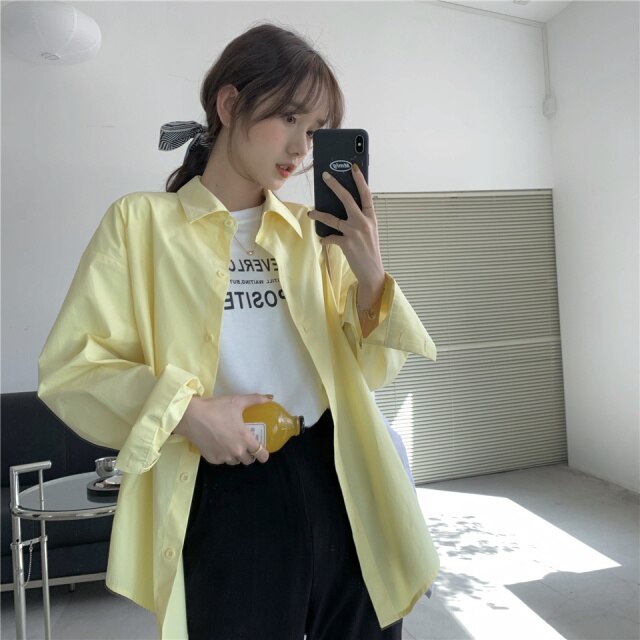 Retro Casual Loose Solid All-match Blouse Shirt Tops Blusas Spring Summer Korea Fashion Chiffon Long Sleeve Shirt Blouse Women