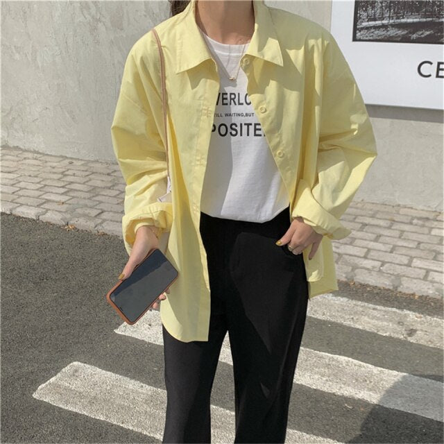 Retro Casual Loose Solid All-match Blouse Shirt Tops Blusas Spring Summer Korea Fashion Chiffon Long Sleeve Shirt Blouse Women