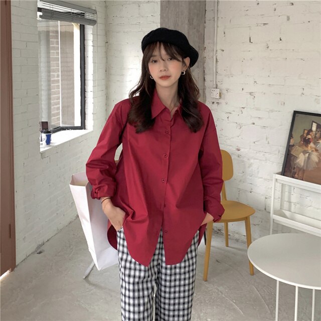 Retro Casual Loose Solid All-match Blouse Shirt Tops Blusas Spring Summer Korea Fashion Chiffon Long Sleeve Shirt Blouse Women