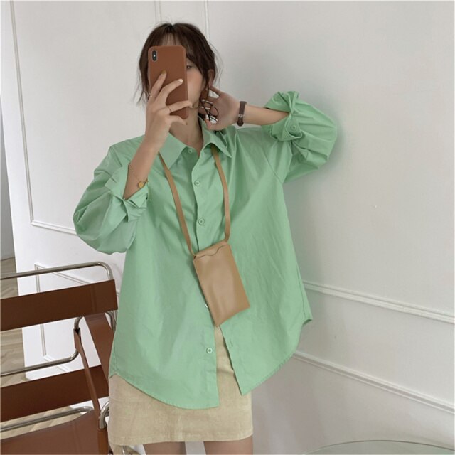 Retro Casual Loose Solid All-match Blouse Shirt Tops Blusas Spring Summer Korea Fashion Chiffon Long Sleeve Shirt Blouse Women