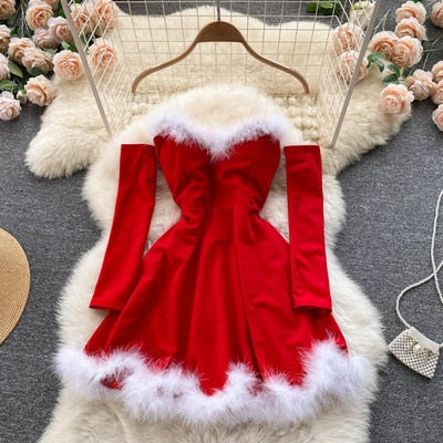 Women Elegant Dress For New Year 2022 Strapless Backless Furry Sexy Short Mini Christmas Dress Navidad Red Party Dress Femme